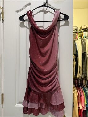 Sparkle Pink Ruched Cowl Neck Dress